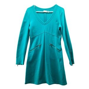 Athleta Celebration Ponte Long Sleeve Dress Size S Teal V-Neck Athletic Knee
